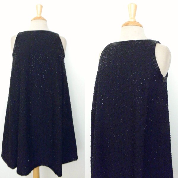 4 DAY SALE Vintage 50s 60s Jet Black Deco Beaded MOD Space Age Trapeze Swing A Line Cocktail Party Dress