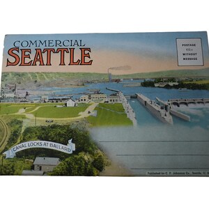 Vintage jaren 30 ansichtkaart commercieel Seattle souvenir toeristische accordeon 22 uitvouwbare en losse foto schilderachtige locaties ongebruikte dode inventaris papier kortstondig