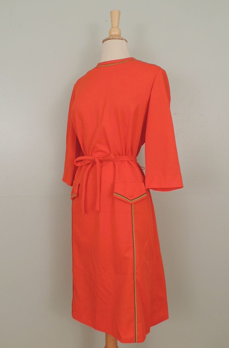Vintage 60s Dress Nelly Don MOD Coral Orange Double Knit Mustard Olive Ribbon Trim Belted Shift XL