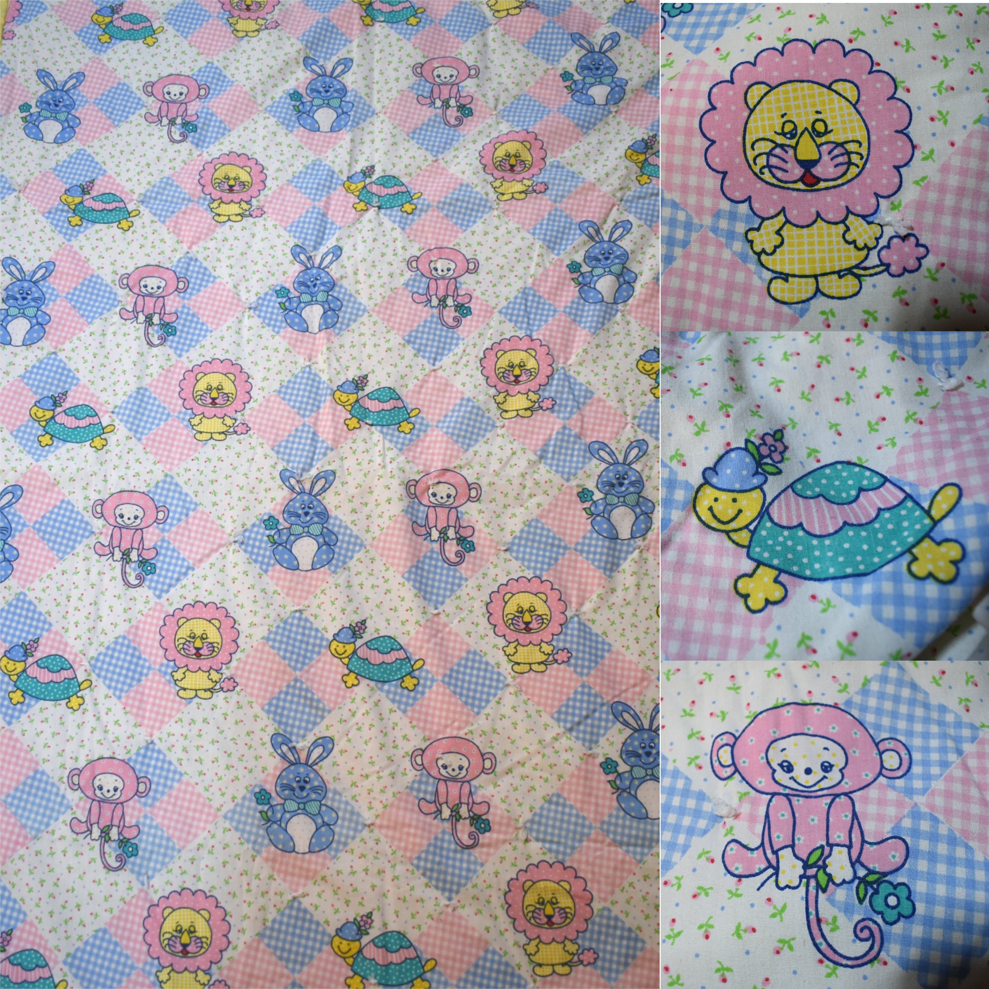 Vintage 60s Blanket Novelty Print Sweet Pastel Zoo Animals Gingham  display picture 1