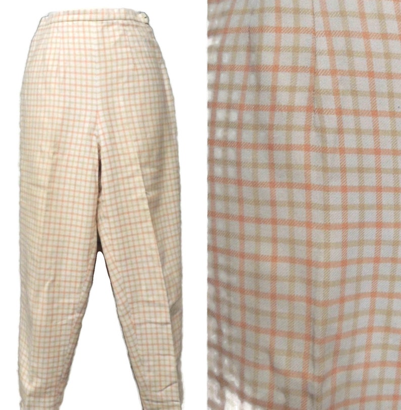 Vintage 50s Pants Rockabilly Melon Tan Grid Plaid Soft Cotton Blend High Waist Clam Diggers Pedal Pushers Capris