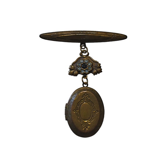 Antique Locket Brooch Art Nouveau Carved Brass Bl… - image 1