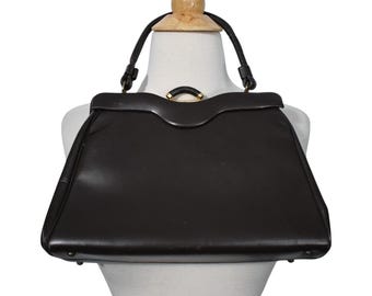 Vintage 60s Purse MOD Mid Century MCM Dark Brown Matte Faux Leather Scalloped Trim Decop Rod Clasp Handbag