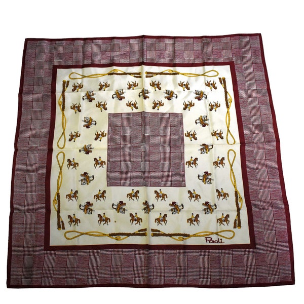 Vintage 70s Scarf Gino Paoli Novelty Horse Equestrian Print Cream Burgundy Glen Plaid Square Neckerchief Japan Acetate 27 x 27