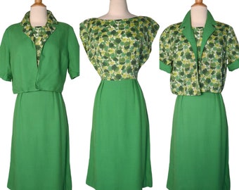 Vintage 50s Dress Mid Century Apple Green Novelty St Patricks Clover Flower Print Wiggle Sheath Matching Reversible Jacket Set