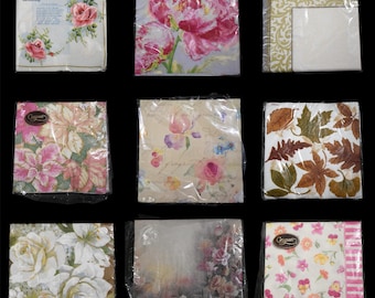 Vintage Napkins Lot 80s Deadstock Floral Poinsettia Autumn Leaves Fancy Party Shower Cocktail Holiday Decoupage Wall Art 10 pkgs