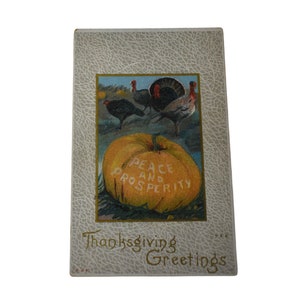Postal antigua de Acción de Gracias 1900s En relieve Calabaza Dorada Pavo Sin Usar Deadstock Invitación Tarjeta de notas Decoración navideña Papel Tarjeta efímera