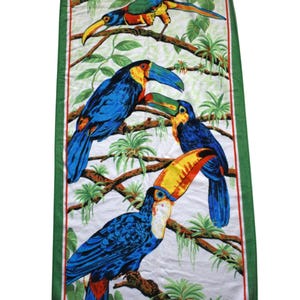 Vintage 70s Towel Novelty Print Large Colorful Tropical Rain Forest Parrots Birds Beach Poolside Blanket 56 x 27in