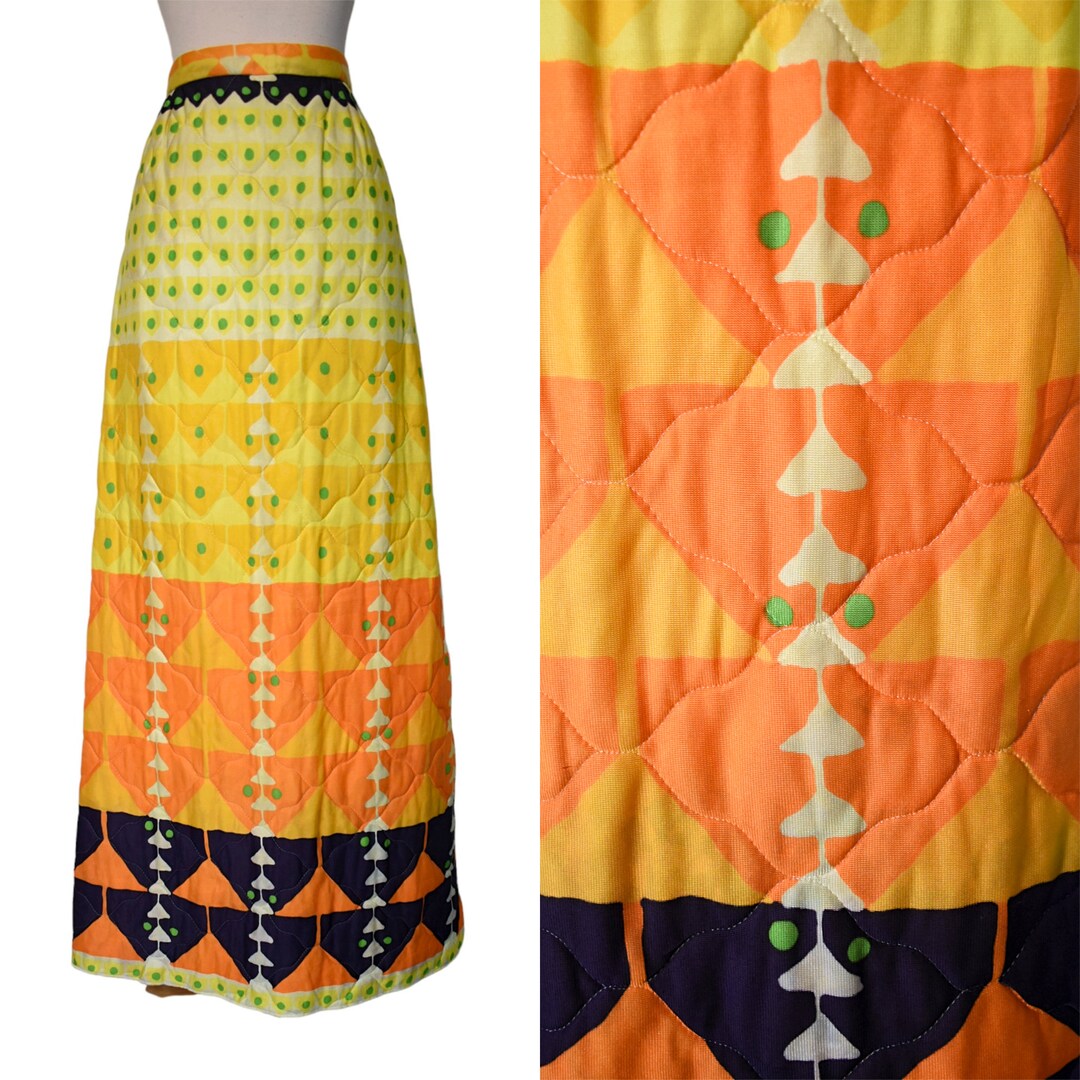 Vintage 60s Skirt Bernard Cowen Groovy Psychedelic Candy Corn Yellow