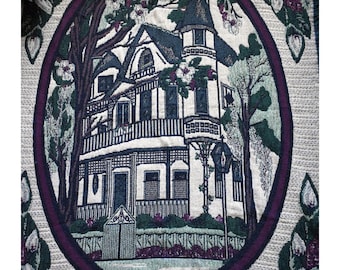 Vintage 80s Blanket Novelty Southern Victorian House Fringe Trim Wisteria Magnolias Green Purple Blue Throw Lap Plush Tapestry Coverlet
