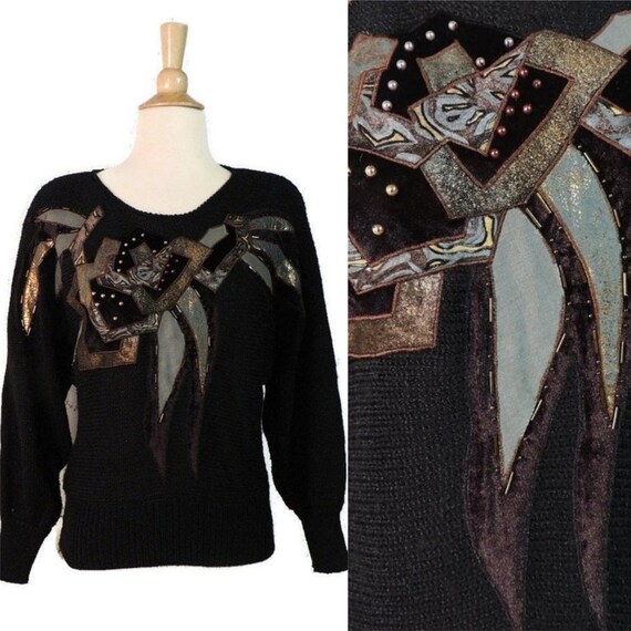 Vintage 80s Sweater / Black Gothic Novelty New Wav