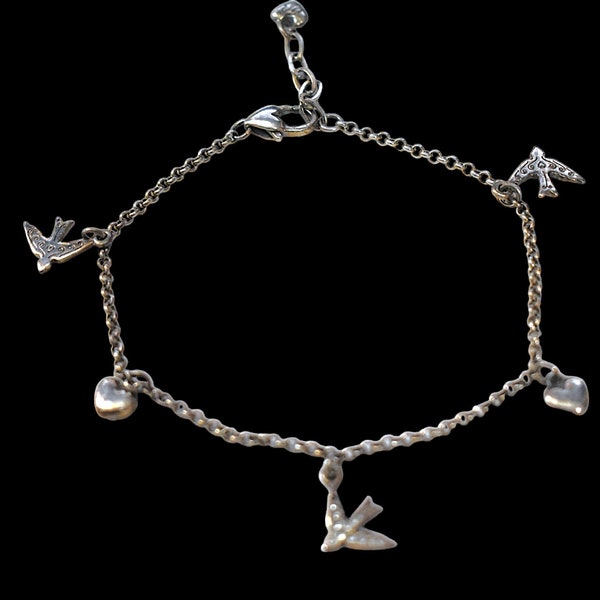 Vintage Ankle Bracelet 80s Brighton Dangle Rhinestone Bird Puffy Heart Charm Silver Chain Anklet