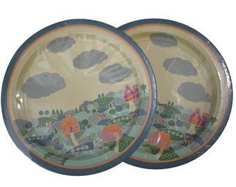 Vintage 80s Tablewear Deadstock Novelty Kitschy Country Pastel 10.5 in Shower Birthday Housewarming Paper Plates 2pkgs