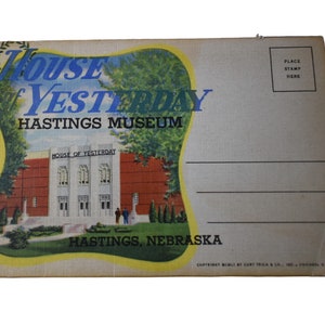 Cartolina d'epoca degli anni '50, souvenir del museo di Hastings, Nebraska, pieghevole a fisarmonica, foto di siti panoramici, scorte morte inutilizzate, carta effimera