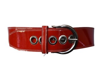 Vintage Red Patent Belt Silver Tone Buckle Size Large to  display picture 2