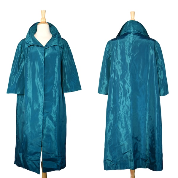 Vintage 50s Coat Teal Peacock Cerulean Blue Fancy Shawl Collar Taffeta Opera Cocktail Swing Jacket