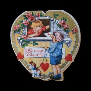 Ancienne carte postale Saint-Valentin des années 20 30 en forme de coeur Litho nouveauté Love Note en relief doré papier éphémères
