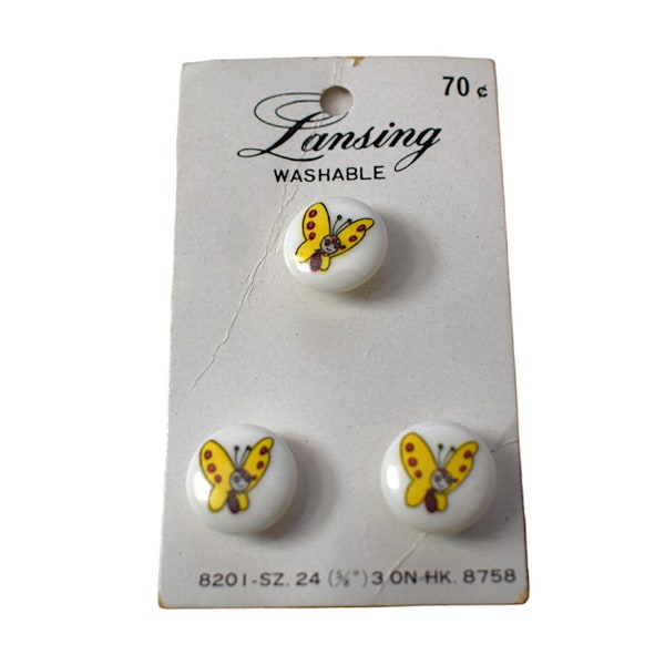 Vintage Novelty Buttons 70s Lansing Deadstock Hippie Whimsy Butterfly White Button Card Crafting Sewing 15mm