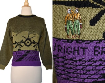 Vintage 80s Sweater REN Funwear RARE Novelty Pop Art Olive Green Purple Embroidered Wright Brothers Airplane Cropped Jumper Youth Petite