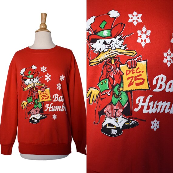 Vintage 80s Sweatshirt Trau Loevner Novelty Print Red Puffy Paint Bah Humbug Scrooge Mcduck Holiday Christmas Sweater Jumper Top Etsy Australia