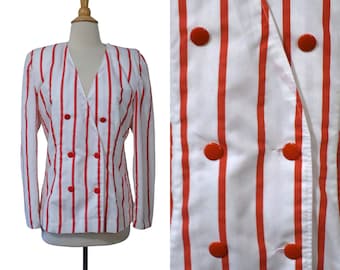 Blazer vintage de los 80, rojo, rayas de caramelo, sin cuello, corte recto, estilo boyfriend, chaqueta de circo.