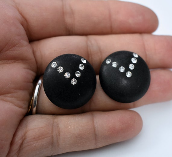 Vintage 80s Earrings Black Resin Disc Rhinestone … - image 2