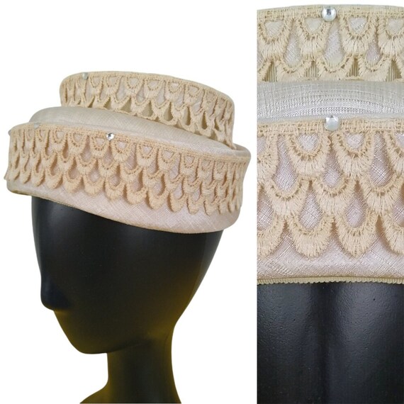 Vintage 50s Hat Flax Cream Linen Scalloped Fish Scale  display picture 3