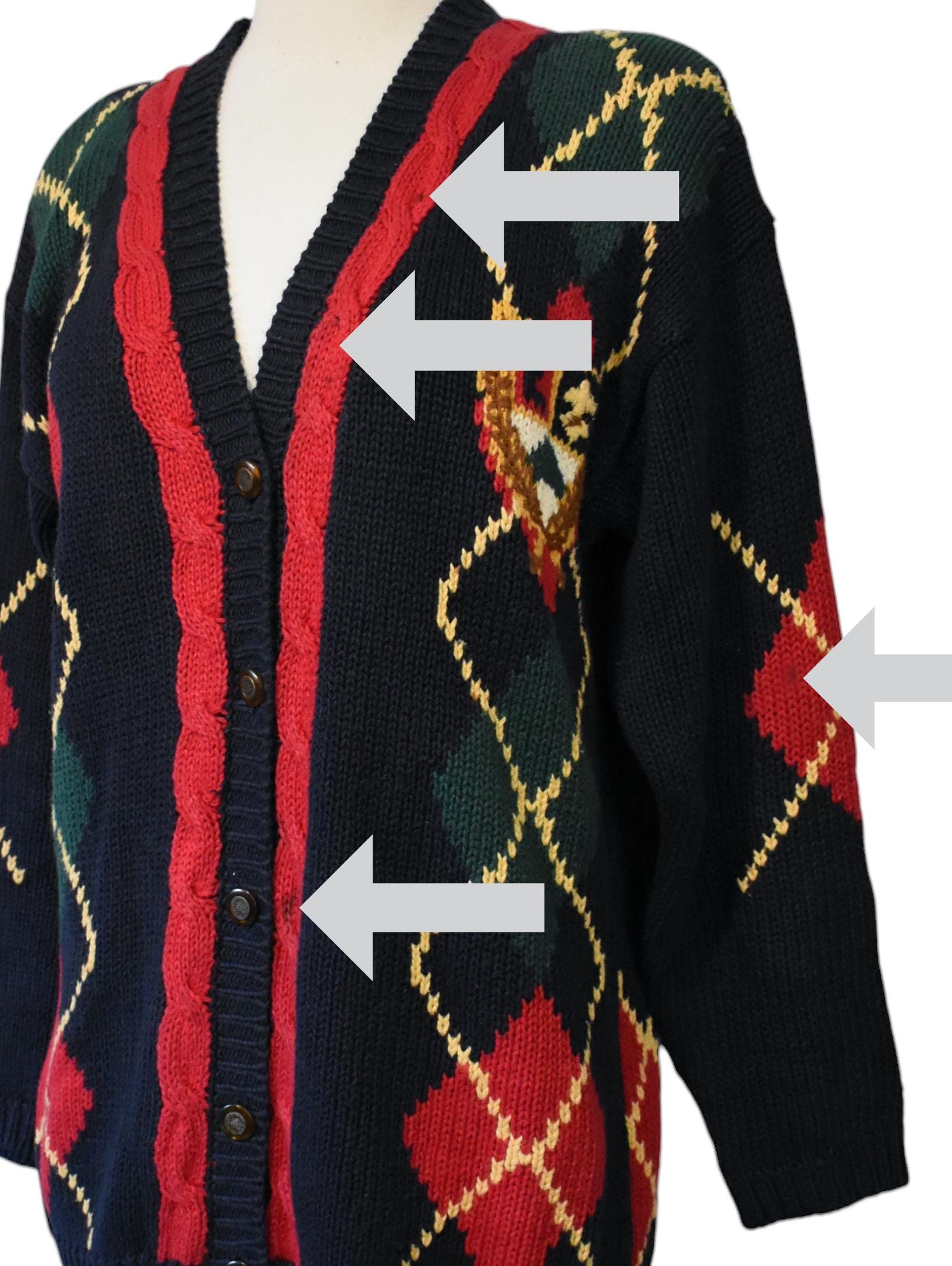 Vintage 90s Cardigan Eagles Eye Novelty Print Americana Argyle