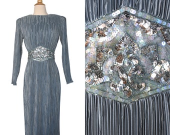 Vintage 80er Jahre Kleid 40er Jahre Ricki Lang Nuit Fortuny Plissee Dusty Teal Blau Deco Perlen Cocktailkleid