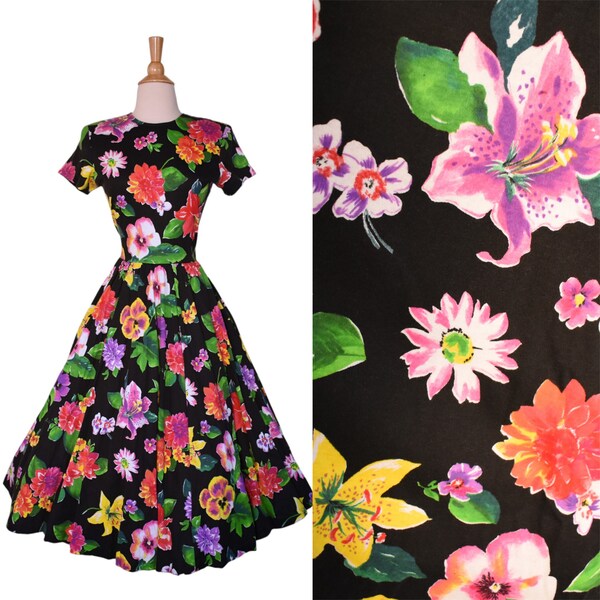 Vintage 80s Dress Expo does 50s Black Pansy Hibiscus Lily Daisy Floral Garden Fit n Flare Swing Garden Party Midi