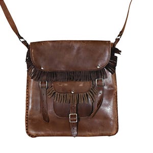 May include: A brown leather crossbody bag with a flap closure and adjustable strap. The bag features decorative fringe along the flap and a smaller pocket. It has silver-colored buckles and stitching details.