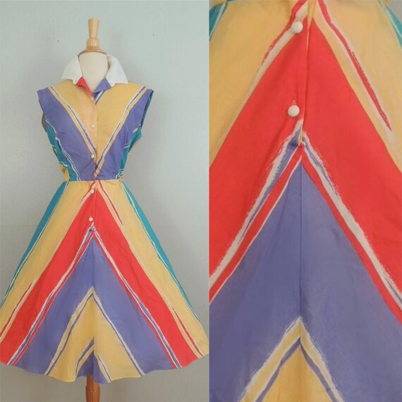 Vintage 70s Dress / does 50s Rainbow Chevron Strip