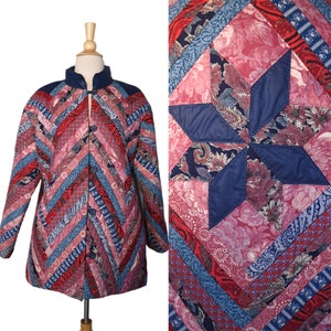 Vintage 70s Jacket Cottagecore Grannycore Blue Pink Floral Paisley 8 Point Barn Star Chevron Mosaic Patchwork Thick Quilt Button Coat