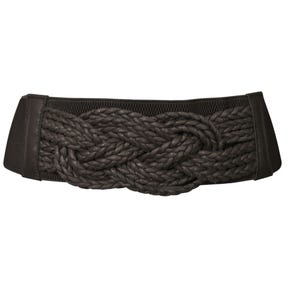 May include: A dark brown braided belt with a wide elastic band. The belt features a woven design in the center and solid end pieces. This accessory is designed to cinch the waist and add a stylish touch to any outfit.