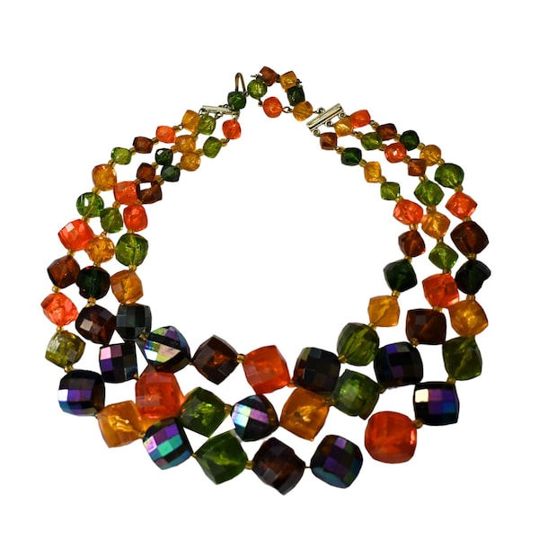 Vintage 50s Necklace Western Germany Faceted Lucite Cubed Rock Candy Autumn Tone Orange Purple Green Bead Chunky 3 Strand Adjustable Choker