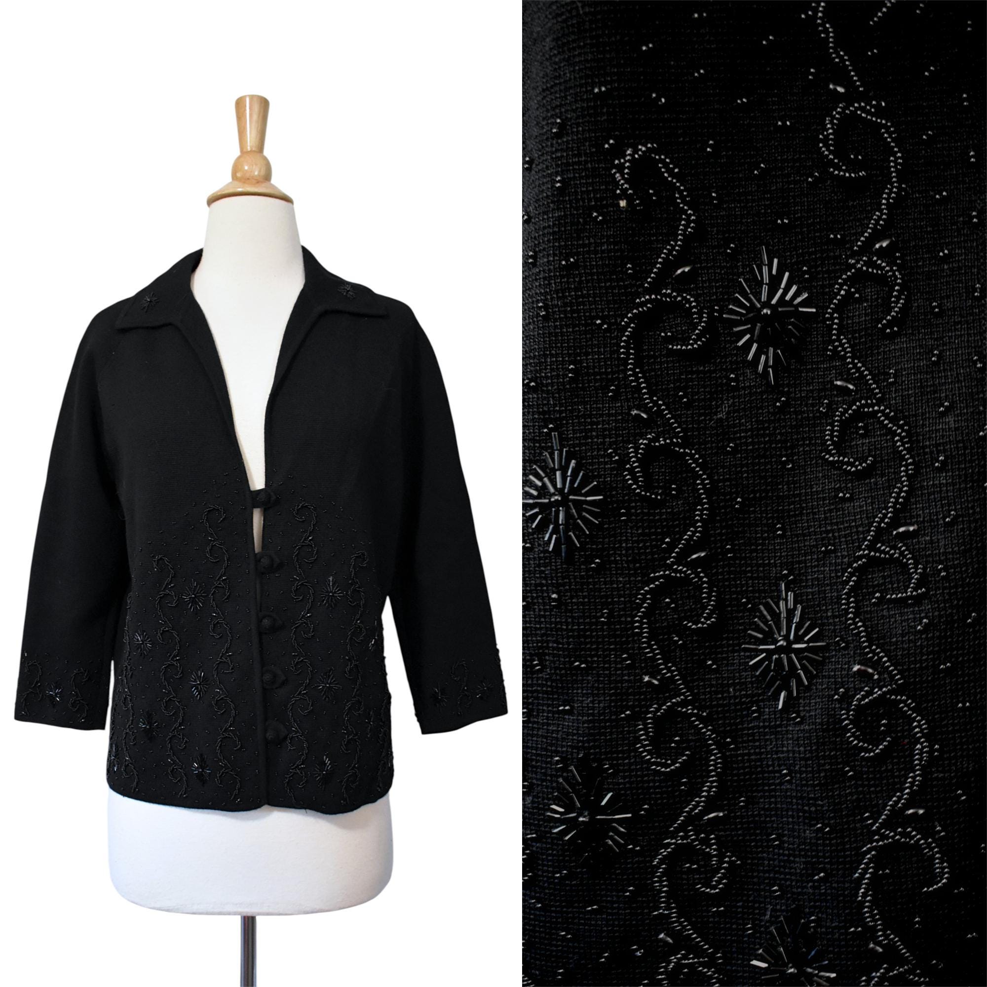 Vintage 60s Cardigan late 50s Sears Hong Kong Fancy Black Floral Heavily Glass Beaded Wool Cocktail Partywear Holiday Button Sweater Jumper