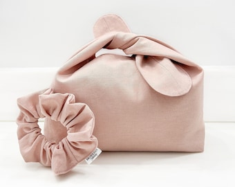 Minimalist Linen Makeup Bag, Dusty Rose, Neutral Cosmetic Bag, Makeup Travel Case, Matching Scrunchie Set, Zero Waste Gift, Toiletry Bag