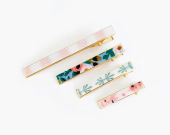 Hair Clip Set, Rifle Paper Co, No Slip Gold Barrettes, Set of 2, Kids Accessories, Floral Fabric, Mommy and Me Matching, Girls Hair Clips