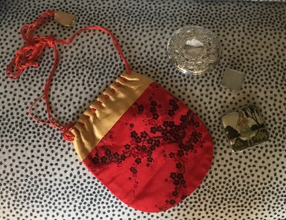 Vintage Kimono Silk Pouch Purse with Silver Ornate