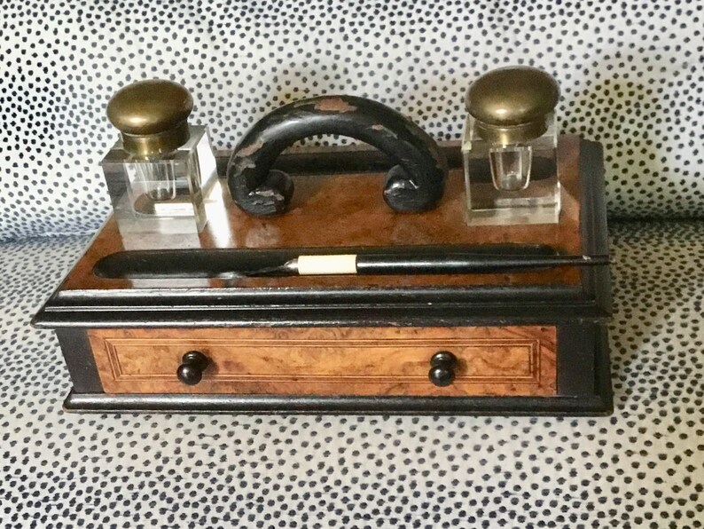 Antique Inkwell Wood Desk Set Antique Inkwell Wood Desk Set