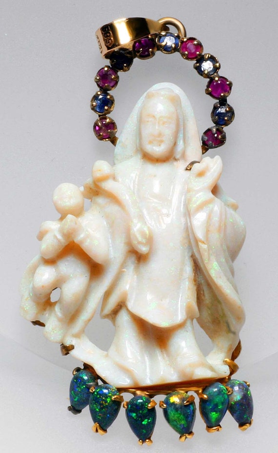 Asian Hand Carved Kwan Yin Opal Pendant