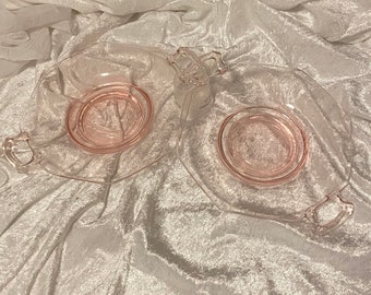 Antique Depression Era Glassware Set of 2 Blush Pink Handled Plates