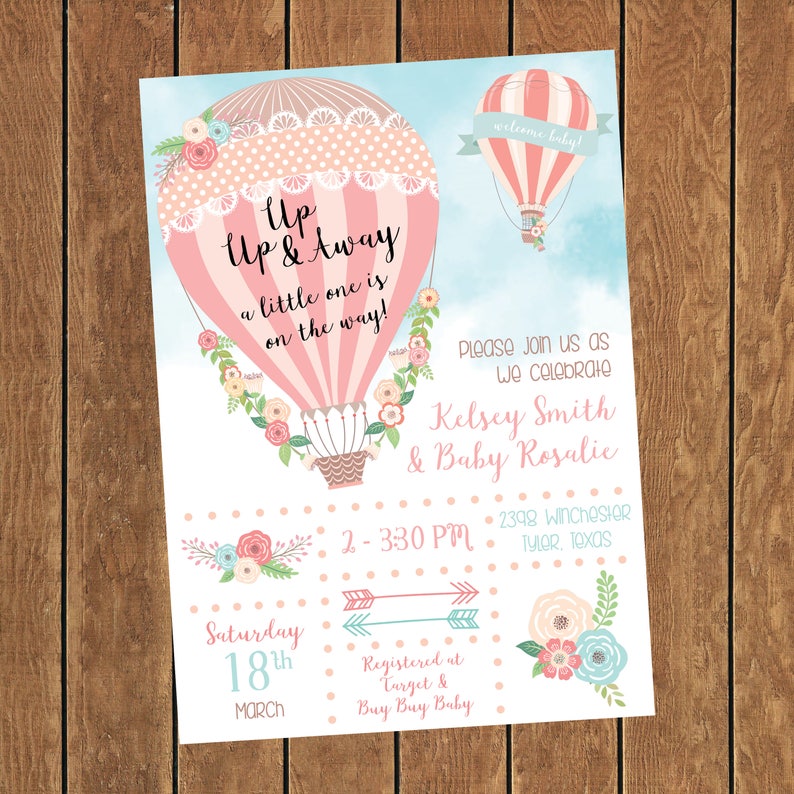 Hot Air Balloon Baby Shower Invitation Girl Up And Away