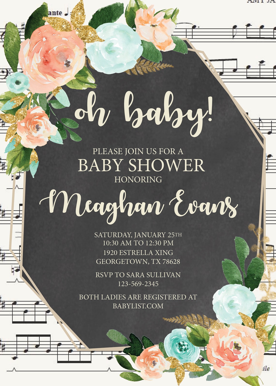 Music Baby Shower Invitation Music Floral Baby Shower Etsy