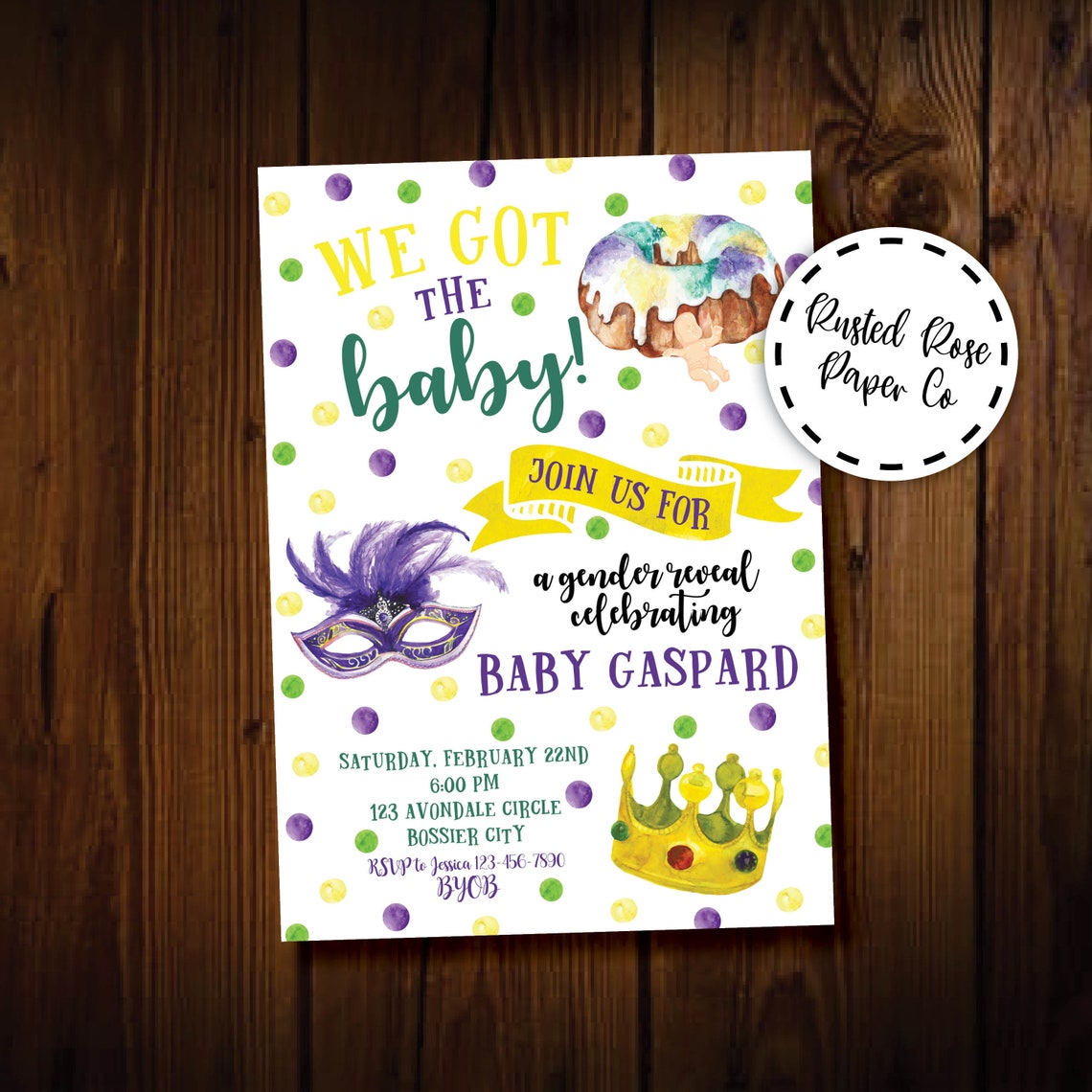 mardi gras theme gender reveal