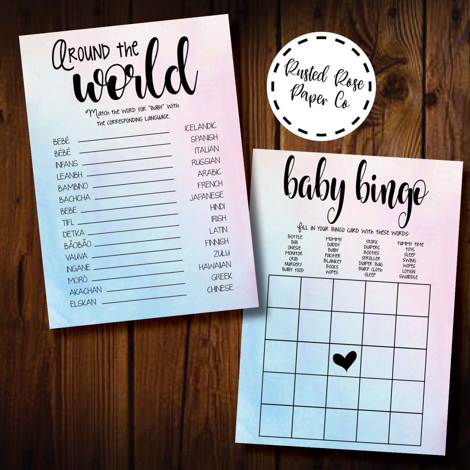 Baby Shower Games, Around the World Different Languages Baby, Baby Bingo Game Cards Gender Neutral Pink Blue Watercolor Baby Shower Games
