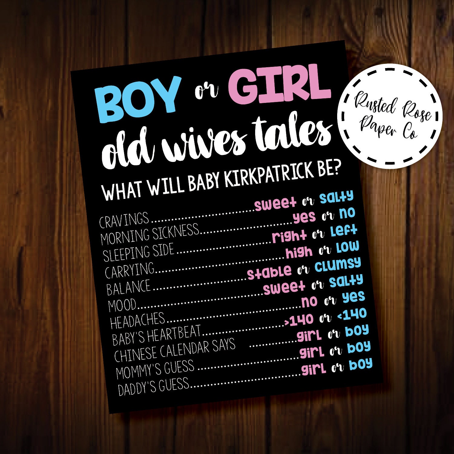 Old Wives Tales Poster Sign Baby Gender Reveal Party pic