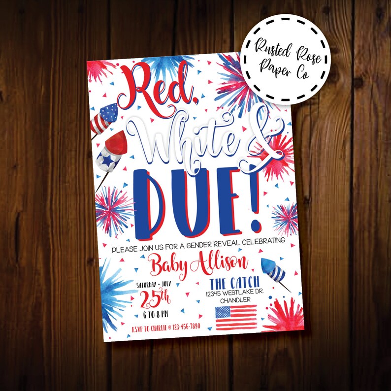 gender reveal invitation memorial day 4th of july independence day red white blue stars stripes gender reveal baby shower invitation labor day invitation wording