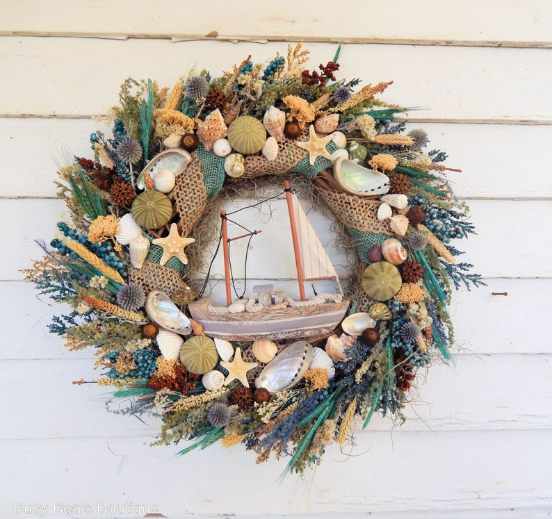 Seashore Wreath Coastal Seashell Wreath w Sailboat Safe Harbor Nautical Wreath Beach Wreath Front Door Wreath Sailboat Wreath