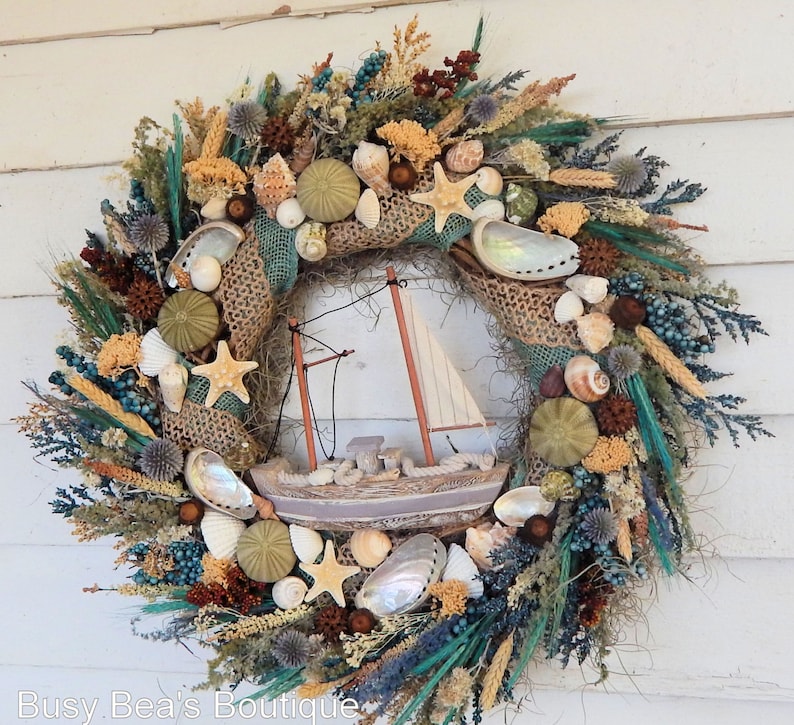Coastal Seashell Wreath w Sailboat Safe Harbor Nautical Wreath Seashore Wreath Front Door Wreath Beach Wreath Sailboat Wreath